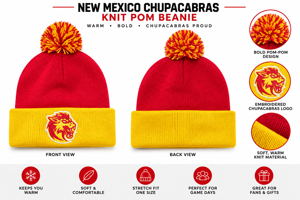 New Mexico Chupacabras Red & Gold Pom-Pom Beanie