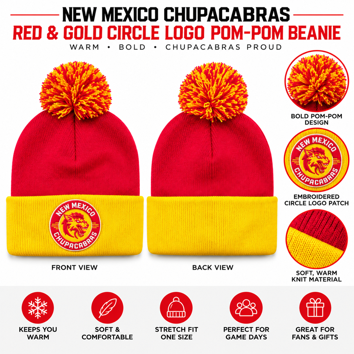 New Mexico Chupacabras Red & Gold Circle Logo Pom-Pom Beanie
